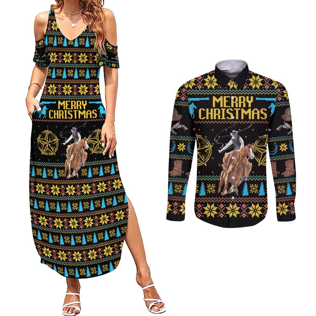 Cowboy Merry Christmas Couples Matching Summer Maxi Dress and Long Sleeve Button Shirt DT04 - Wonder Print Shop