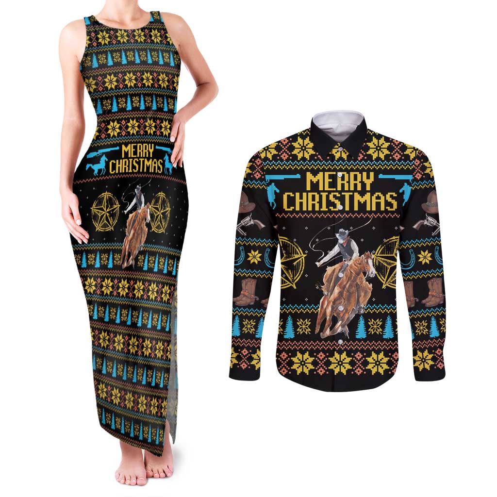 Cowboy Merry Christmas Couples Matching Tank Maxi Dress and Long Sleeve Button Shirt DT04 - Wonder Print Shop