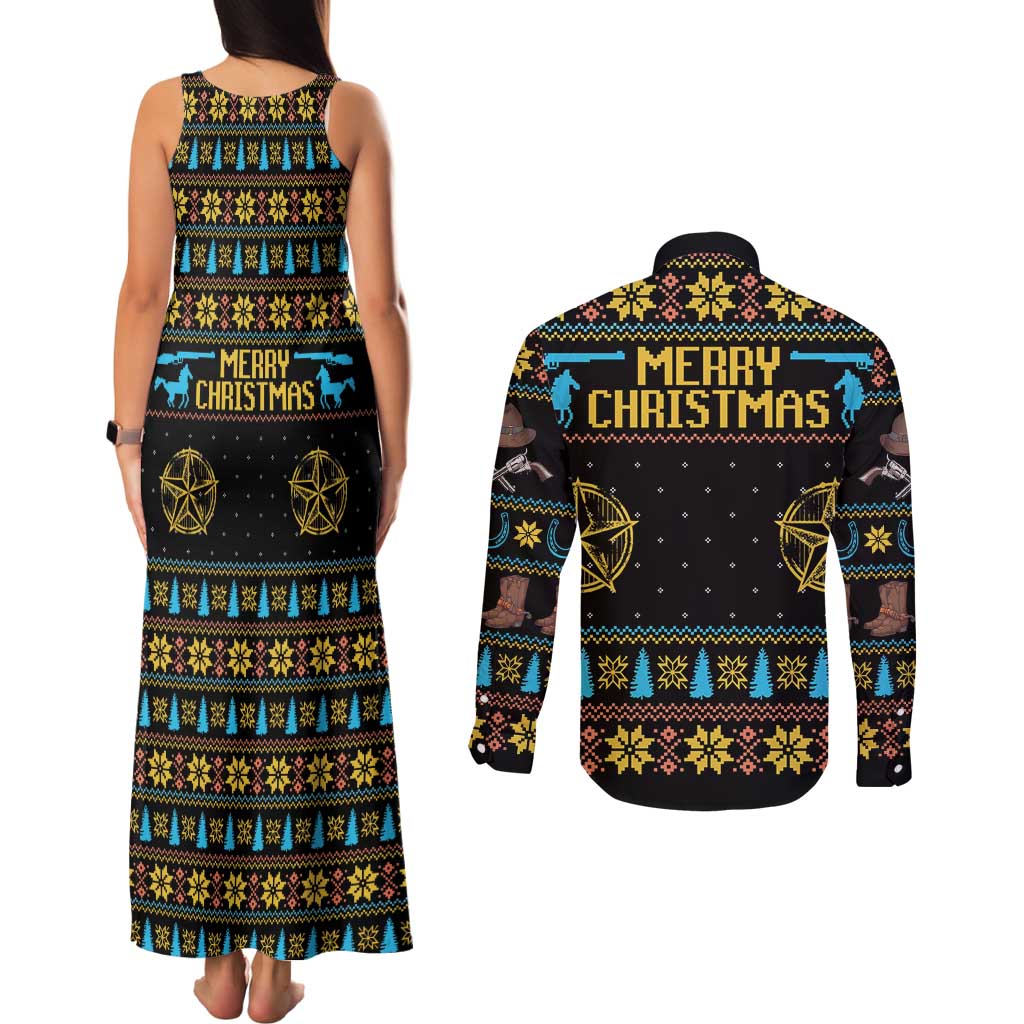 Cowboy Merry Christmas Couples Matching Tank Maxi Dress and Long Sleeve Button Shirt DT04 - Wonder Print Shop