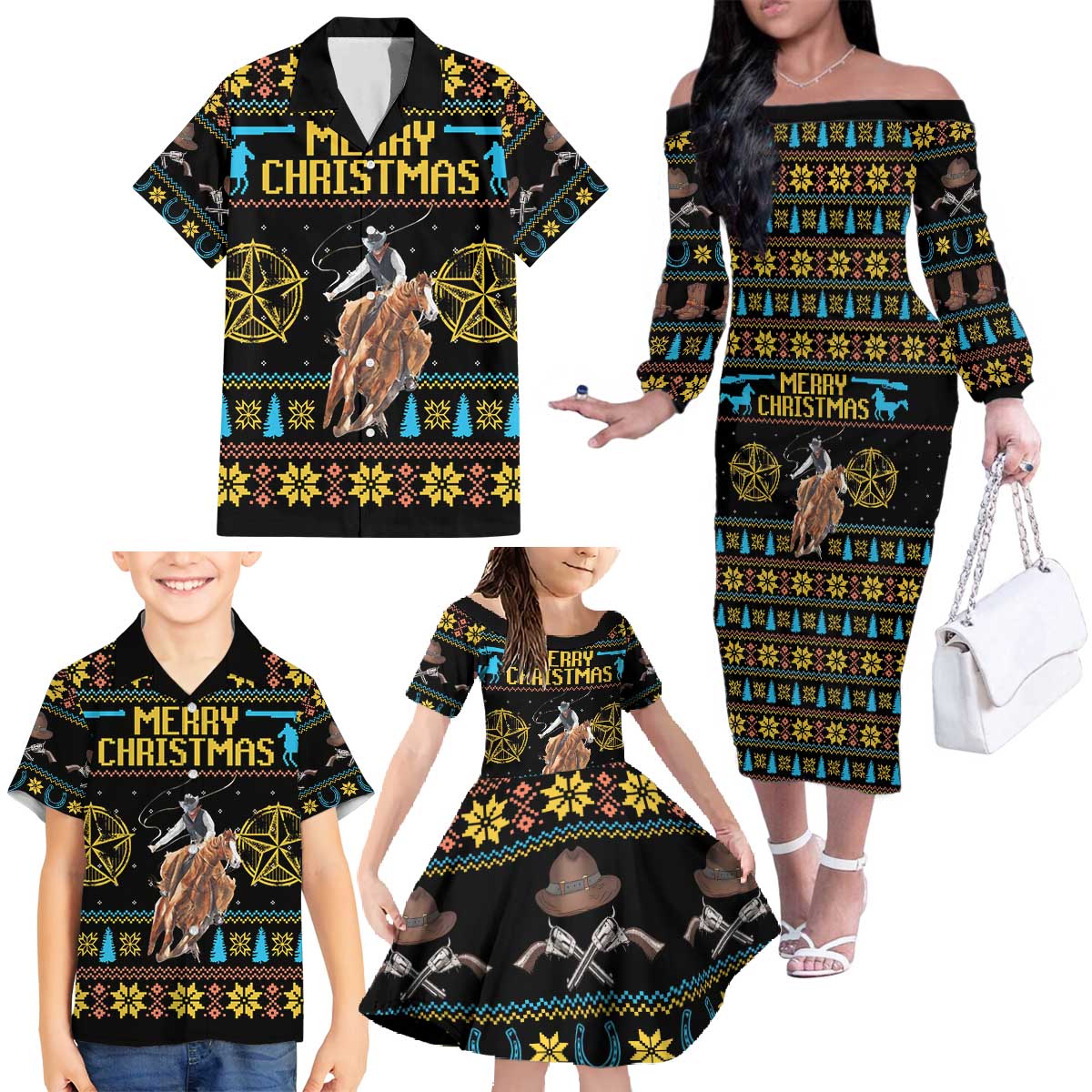 Cowboy Merry Christmas Family Matching Off The Shoulder Long Sleeve Dress and Hawaiian Shirt DT04 - Wonder Print Shop