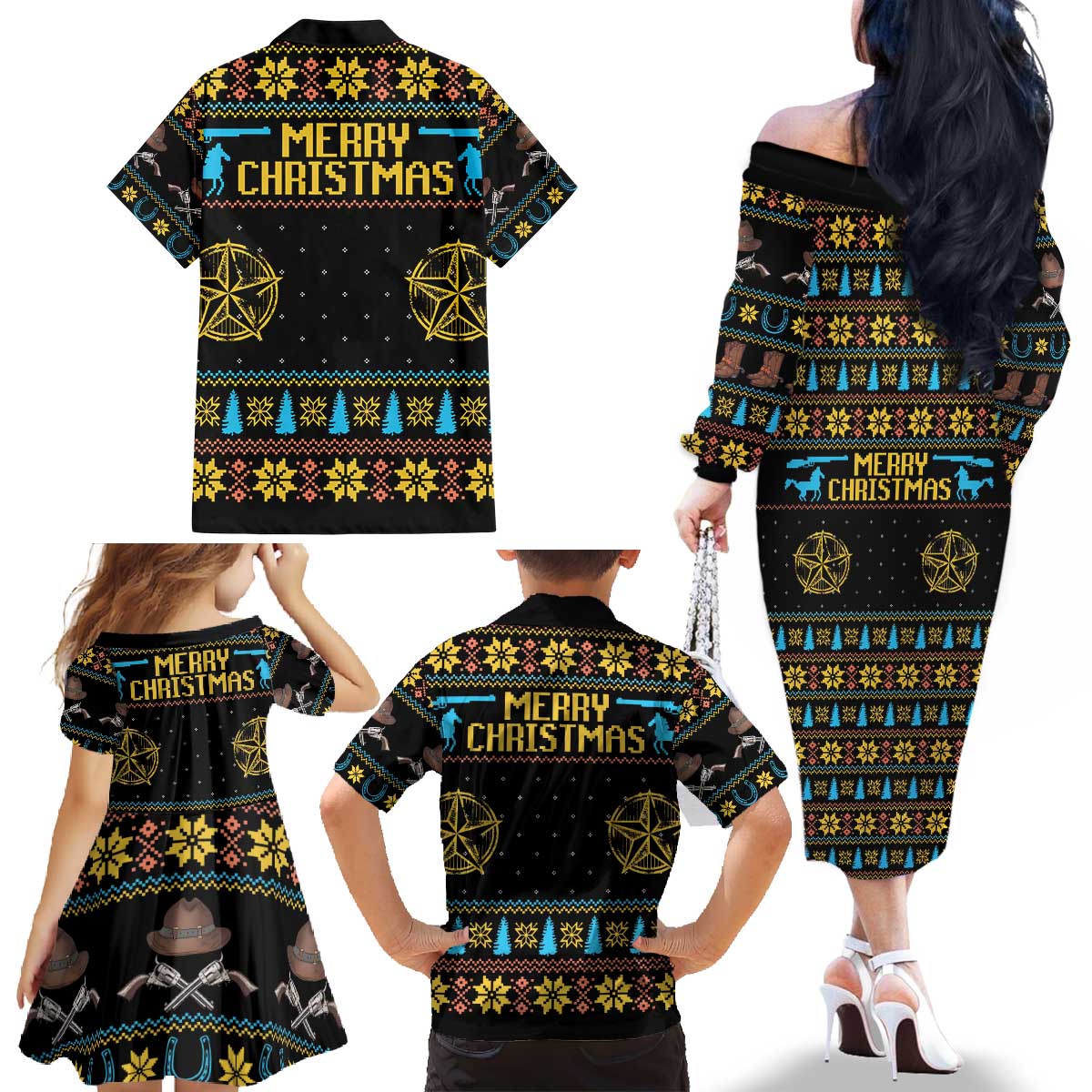 Cowboy Merry Christmas Family Matching Off The Shoulder Long Sleeve Dress and Hawaiian Shirt DT04 - Wonder Print Shop