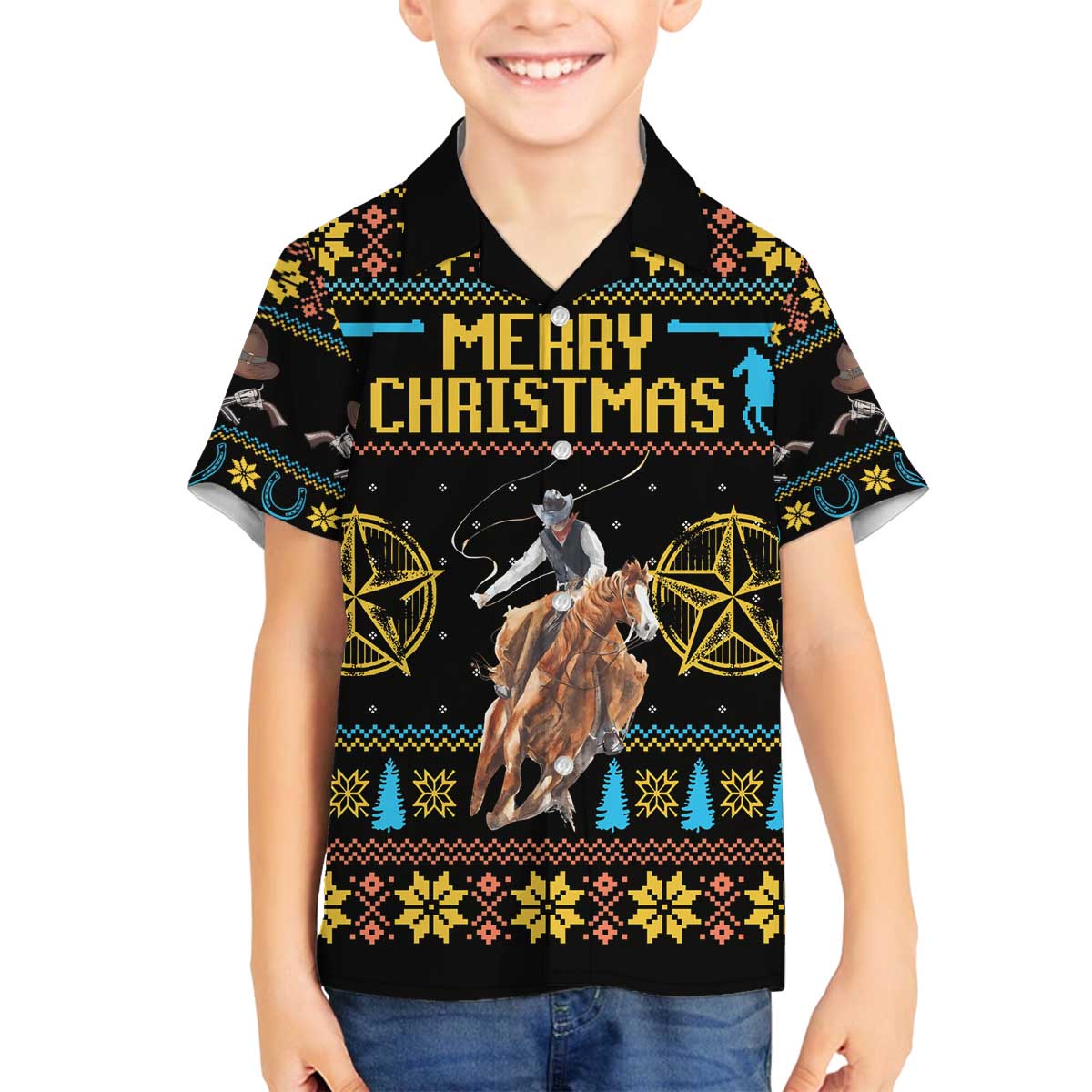 Cowboy Merry Christmas Family Matching Off The Shoulder Long Sleeve Dress and Hawaiian Shirt DT04 - Wonder Print Shop