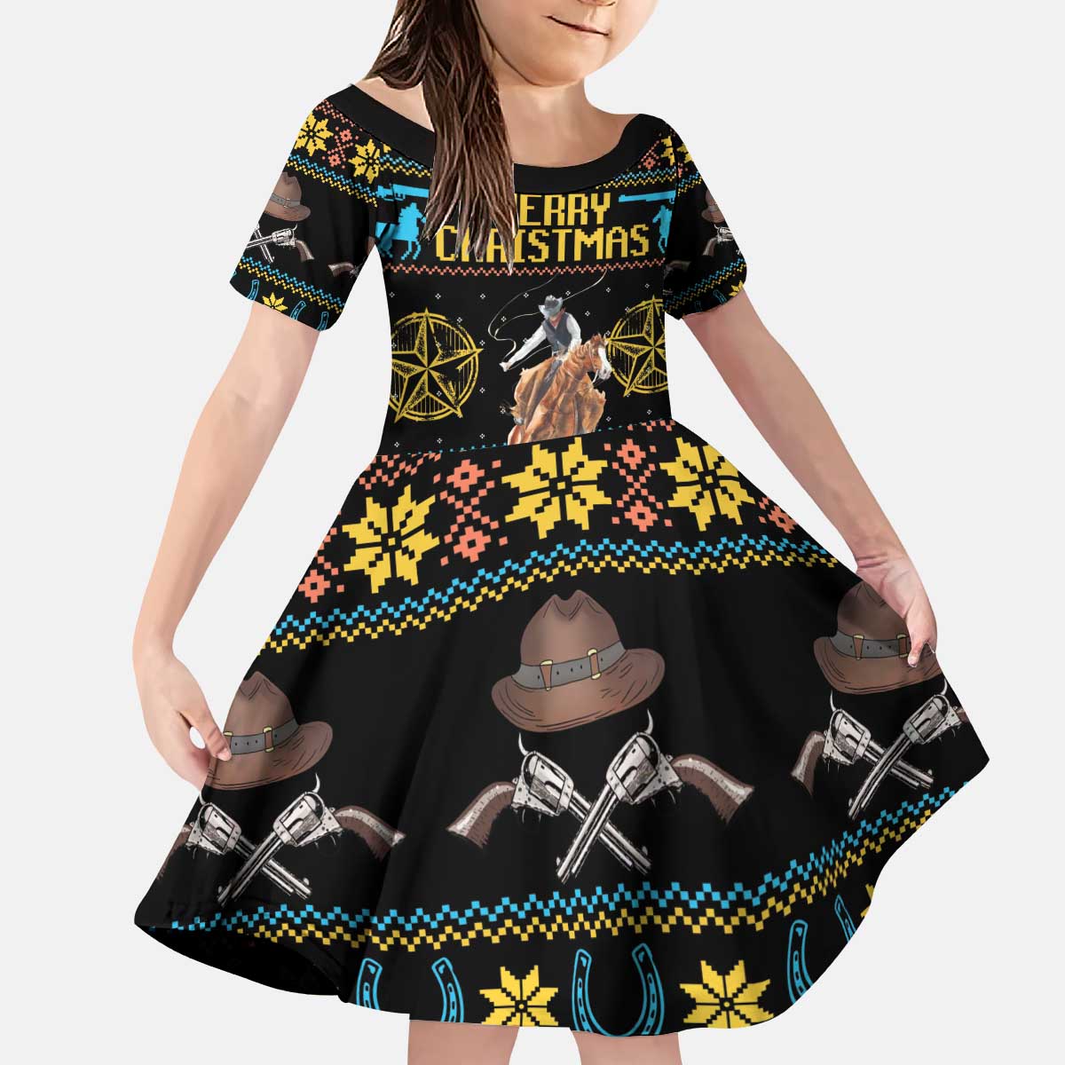 Cowboy Merry Christmas Kid Short Sleeve Dress DT04 - Wonder Print Shop