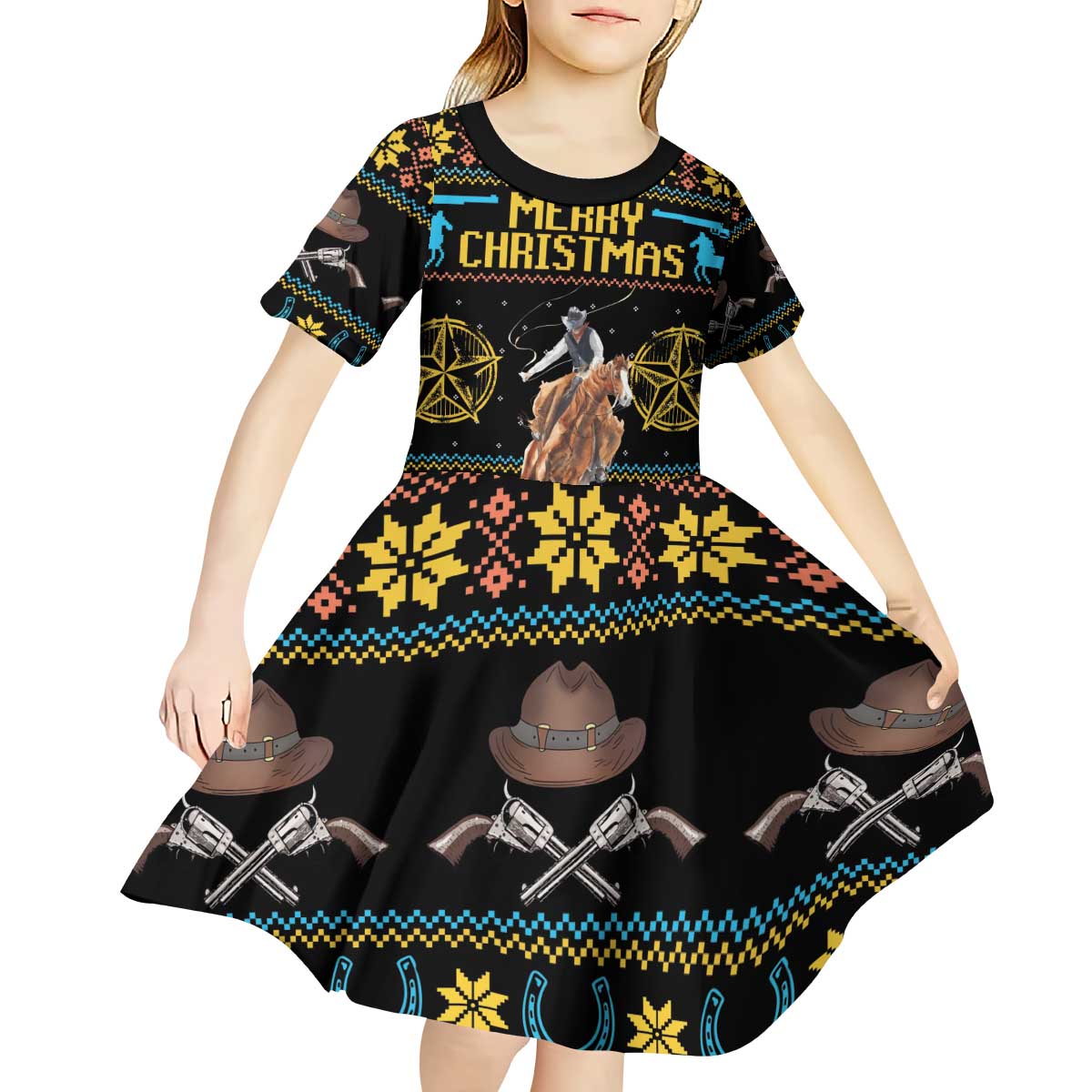 Cowboy Merry Christmas Kid Short Sleeve Dress DT04 - Wonder Print Shop