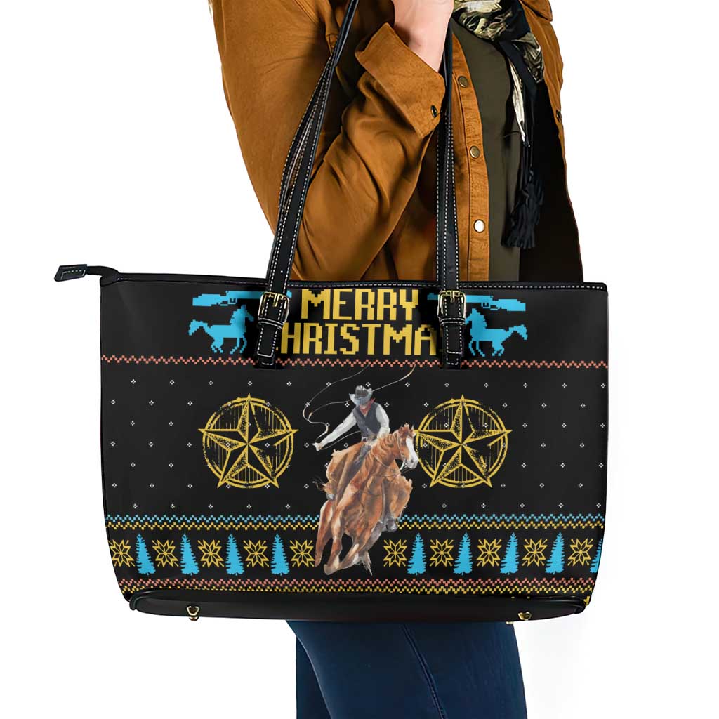 Cowboy Merry Christmas Leather Tote Bag DT04 - Wonder Print Shop