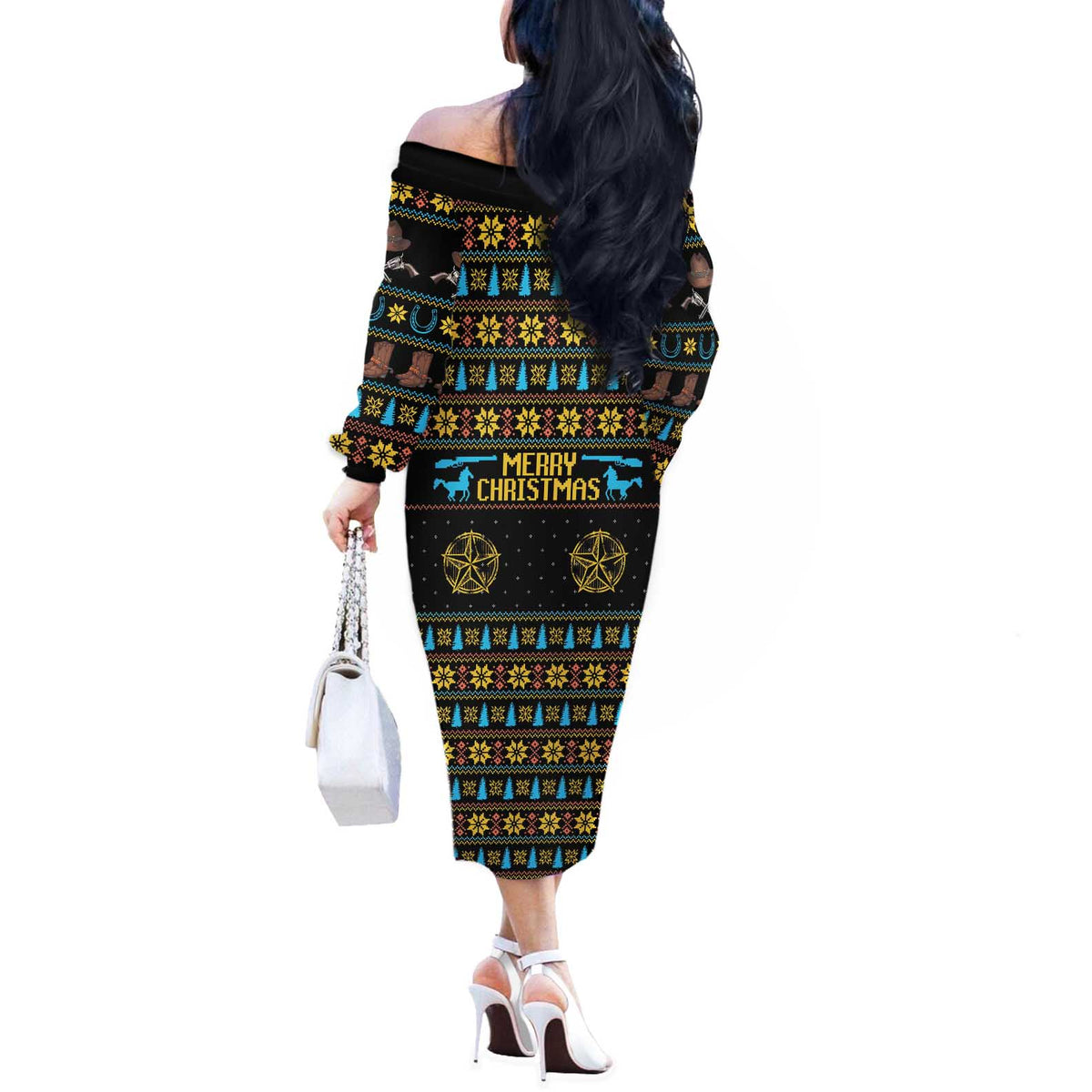 Cowboy Merry Christmas Off The Shoulder Long Sleeve Dress DT04 - Wonder Print Shop