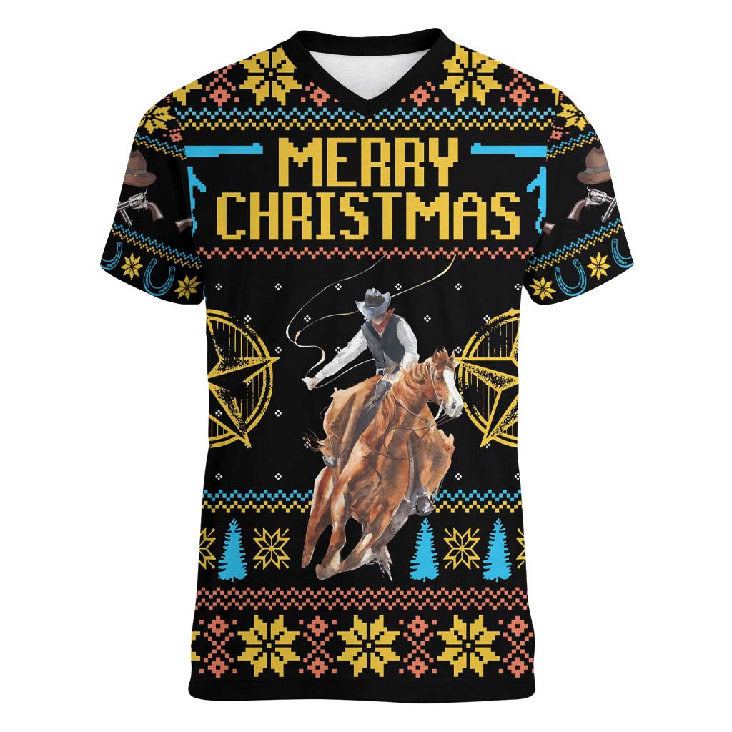 Cowboy Merry Christmas Women V-Neck T-Shirt DT04 - Wonder Print Shop