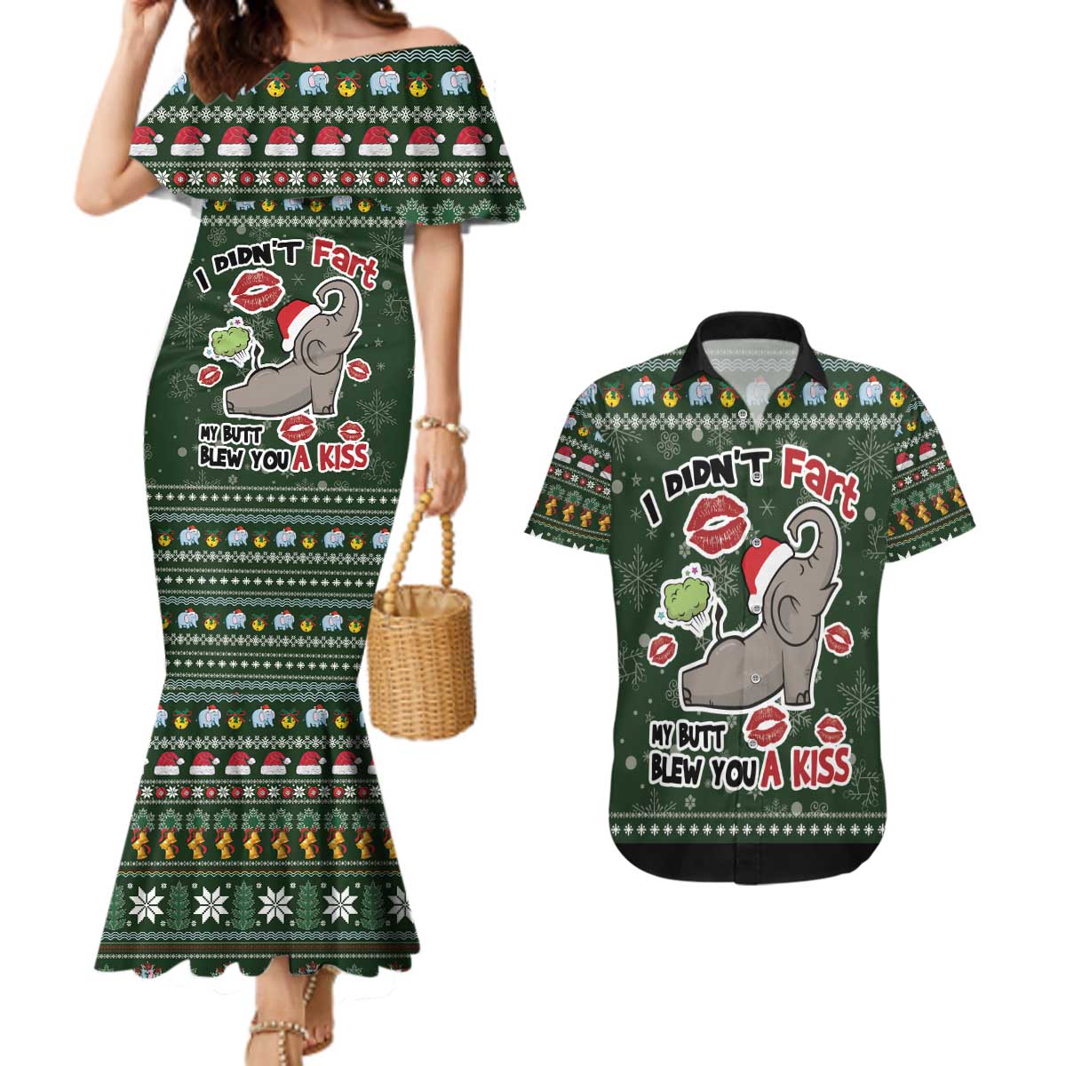 Elephant I Didnt Fart My Butt Blew You A Kiss Couples Matching Mermaid Dress and Hawaiian Shirt Elephant Christmas DT04 - Wonder Print Shop