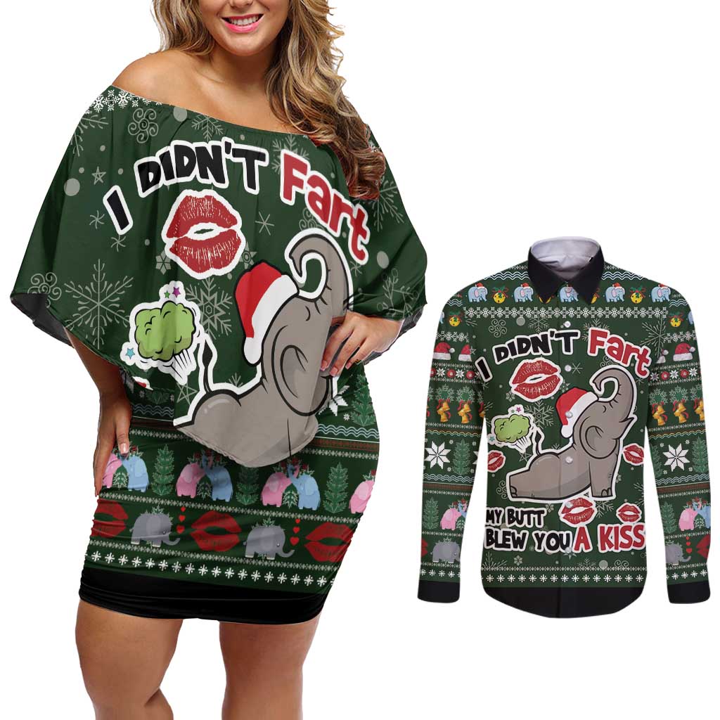 Elephant I Didnt Fart My Butt Blew You A Kiss Couples Matching Off Shoulder Short Dress and Long Sleeve Button Shirt Elephant Christmas DT04 - Wonder Print Shop