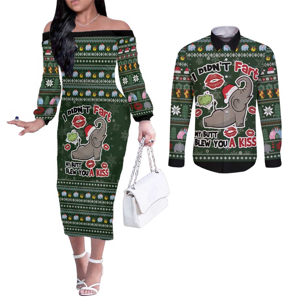 Elephant I Didnt Fart My Butt Blew You A Kiss Couples Matching Off The Shoulder Long Sleeve Dress and Long Sleeve Button Shirt Elephant Christmas