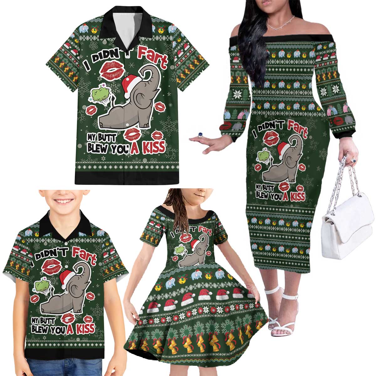 Elephant I Didnt Fart My Butt Blew You A Kiss Family Matching Off The Shoulder Long Sleeve Dress and Hawaiian Shirt Elephant Christmas DT04 - Wonder Print Shop