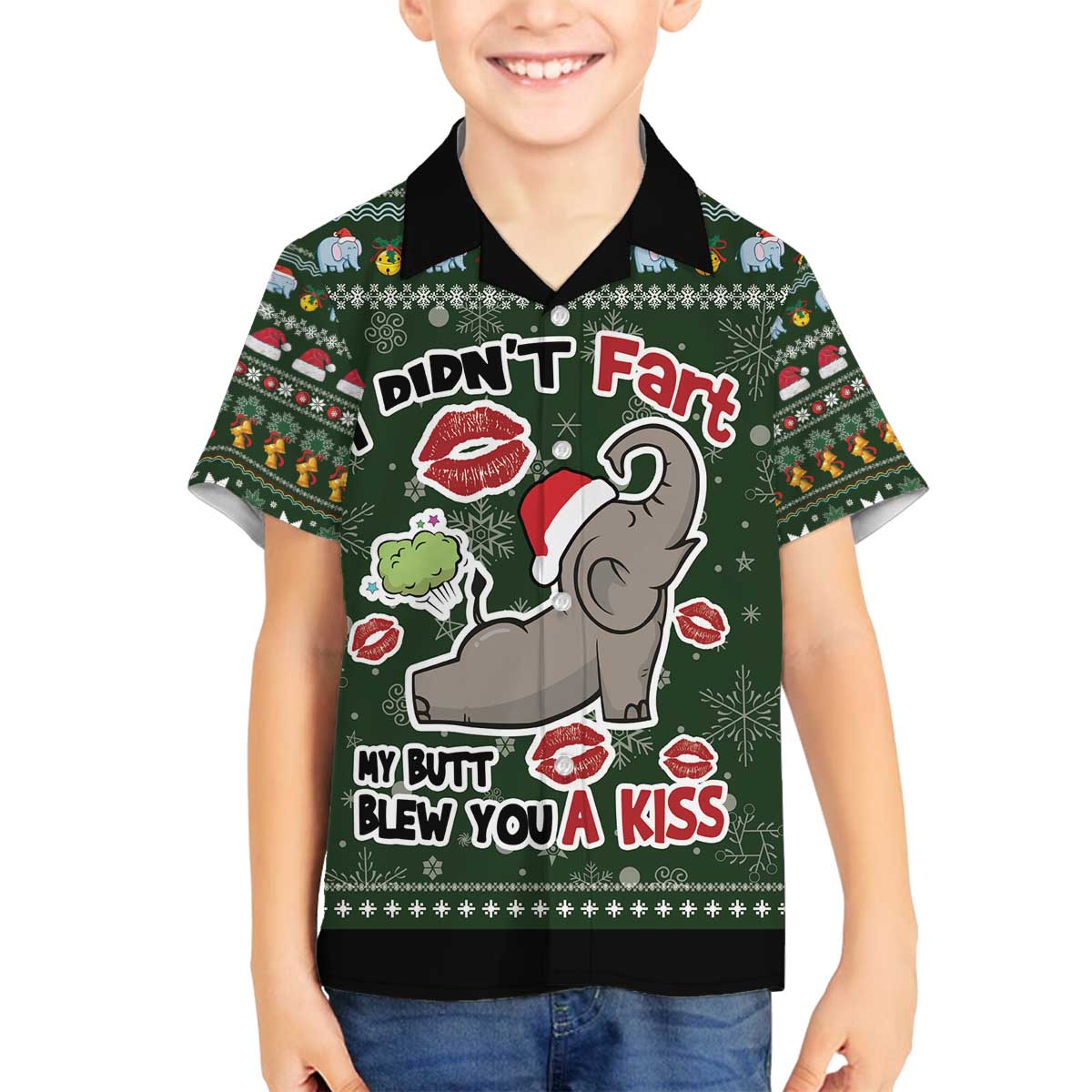 Elephant I Didnt Fart My Butt Blew You A Kiss Family Matching Off The Shoulder Long Sleeve Dress and Hawaiian Shirt Elephant Christmas DT04 - Wonder Print Shop