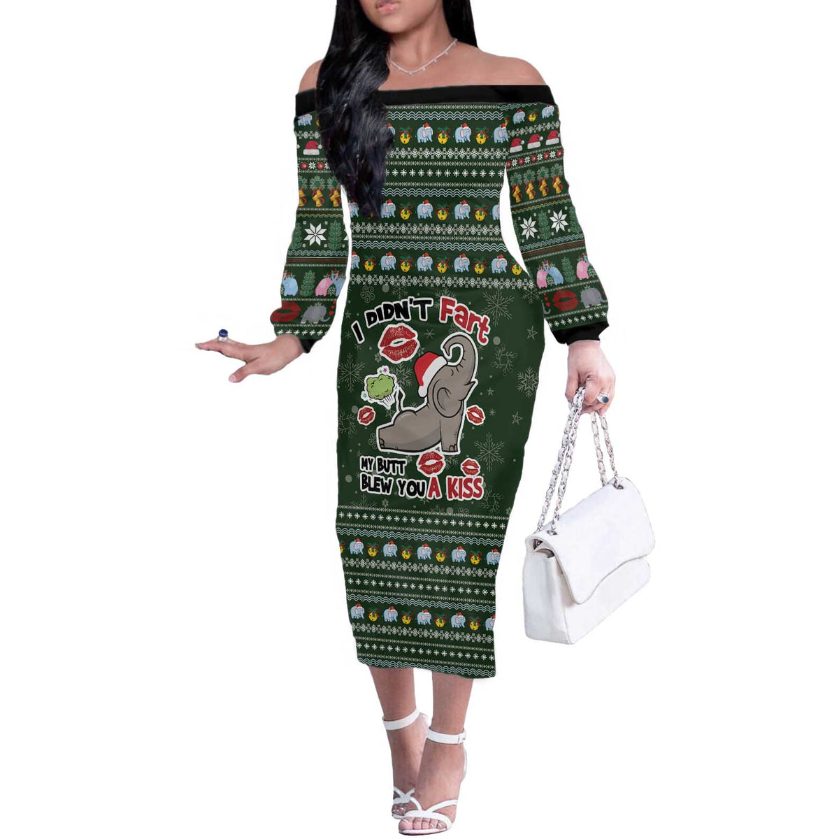 Elephant I Didnt Fart My Butt Blew You A Kiss Off The Shoulder Long Sleeve Dress Elephant Christmas DT04 - Wonder Print Shop