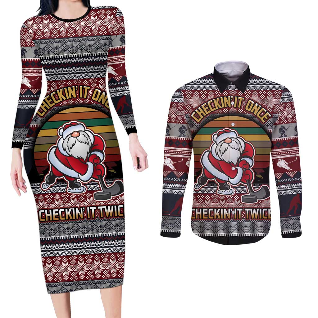 Hockey Checking It Once Checking It Twice Couples Matching Long Sleeve Bodycon Dress and Long Sleeve Button Shirt Santa Playing Ice Hockey Christmas DT04 - Wonder Print Shop