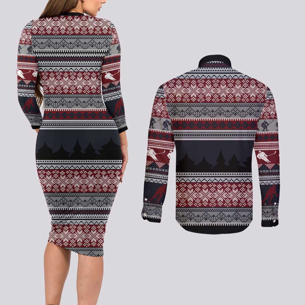Hockey Checking It Once Checking It Twice Couples Matching Long Sleeve Bodycon Dress and Long Sleeve Button Shirt Santa Playing Ice Hockey Christmas DT04 - Wonder Print Shop