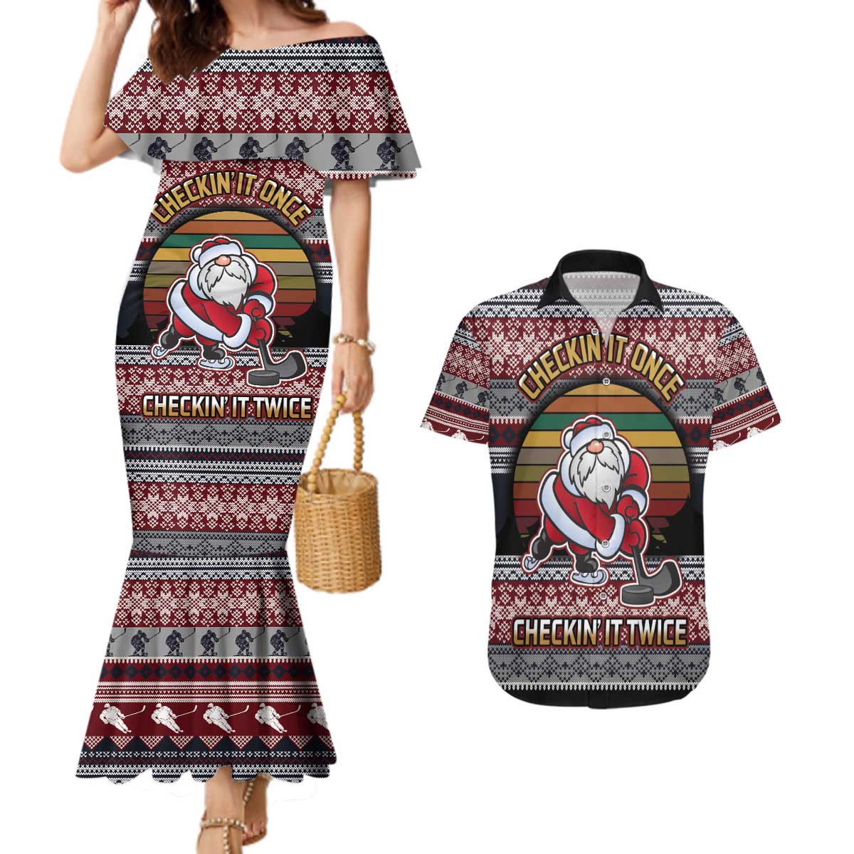 Hockey Checking It Once Checking It Twice Couples Matching Mermaid Dress and Hawaiian Shirt Santa Playing Ice Hockey Christmas DT04 - Wonder Print Shop