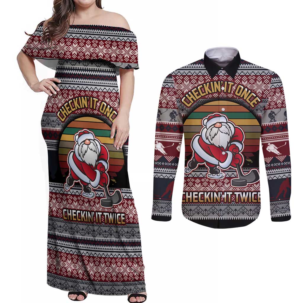 Hockey Checking It Once Checking It Twice Couples Matching Off Shoulder Maxi Dress and Long Sleeve Button Shirt Santa Playing Ice Hockey Christmas DT04 - Wonder Print Shop