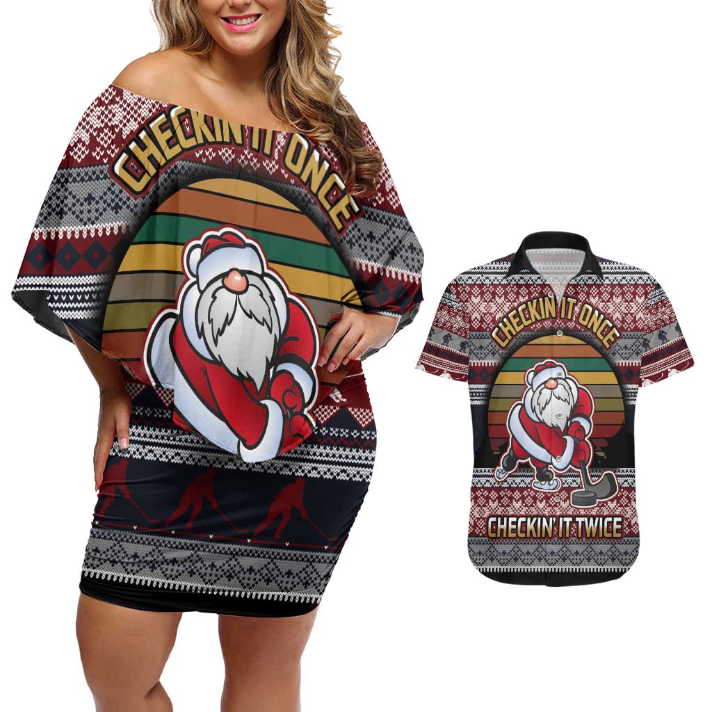 Hockey Checking It Once Checking It Twice Couples Matching Off Shoulder Short Dress and Hawaiian Shirt Santa Playing Ice Hockey Christmas DT04 - Wonder Print Shop