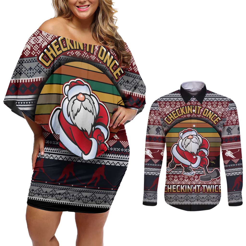 Hockey Checking It Once Checking It Twice Couples Matching Off Shoulder Short Dress and Long Sleeve Button Shirt Santa Playing Ice Hockey Christmas DT04 - Wonder Print Shop