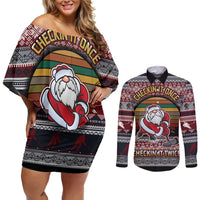 Hockey Checking It Once Checking It Twice Couples Matching Off Shoulder Short Dress and Long Sleeve Button Shirt Santa Playing Ice Hockey Christmas DT04 - Wonder Print Shop