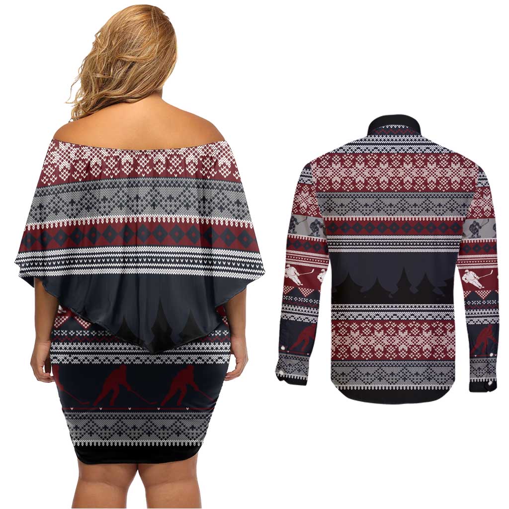 Hockey Checking It Once Checking It Twice Couples Matching Off Shoulder Short Dress and Long Sleeve Button Shirt Santa Playing Ice Hockey Christmas DT04 - Wonder Print Shop