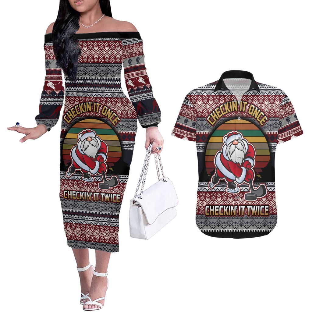 Hockey Checking It Once Checking It Twice Couples Matching Off The Shoulder Long Sleeve Dress and Hawaiian Shirt Santa Playing Ice Hockey Christmas DT04 - Wonder Print Shop