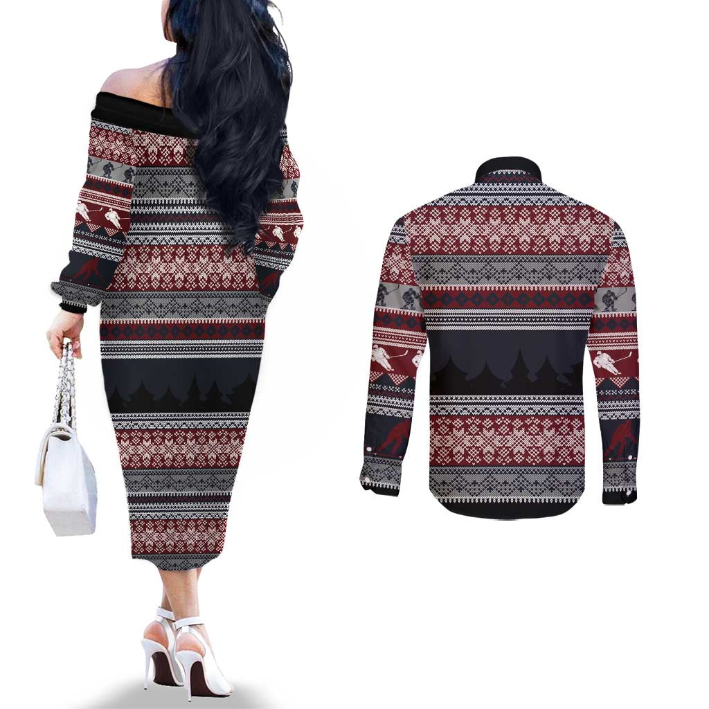 Hockey Checking It Once Checking It Twice Couples Matching Off The Shoulder Long Sleeve Dress and Long Sleeve Button Shirt Santa Playing Ice Hockey Christmas
