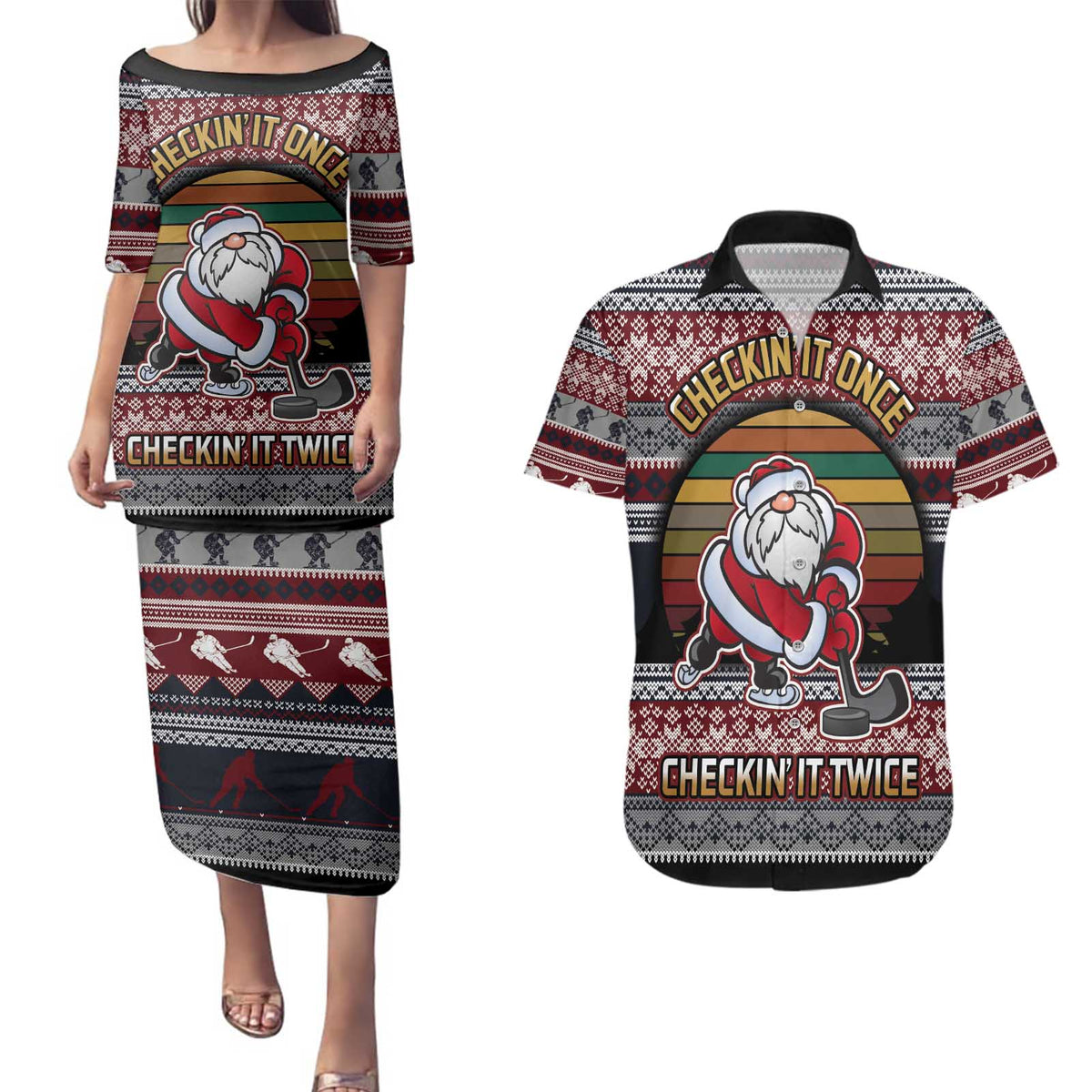 Hockey Checking It Once Checking It Twice Couples Matching Puletasi and Hawaiian Shirt Santa Playing Ice Hockey Christmas DT04 - Wonder Print Shop