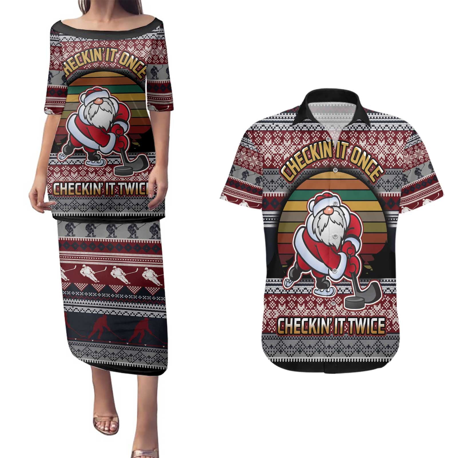 Hockey Checking It Once Checking It Twice Couples Matching Puletasi and Hawaiian Shirt Santa Playing Ice Hockey Christmas DT04 - Wonder Print Shop
