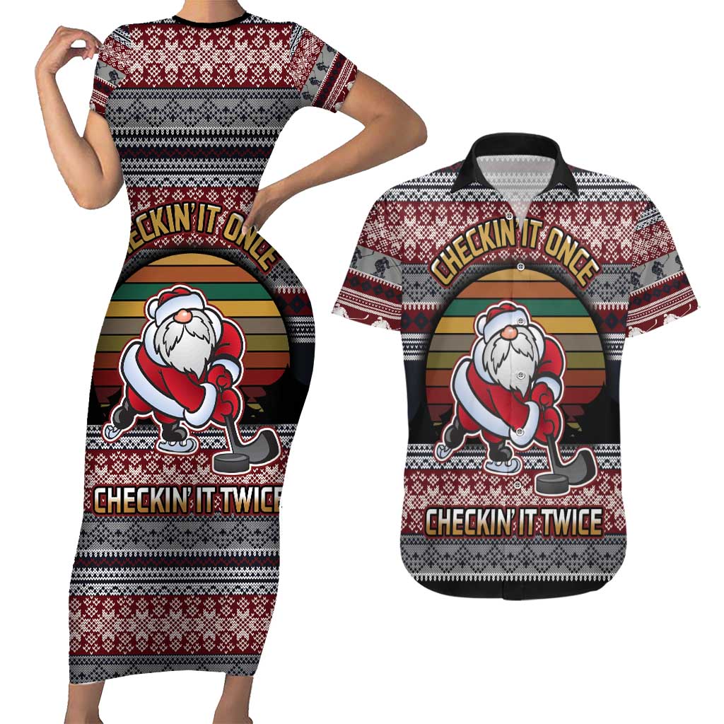 Hockey Checking It Once Checking It Twice Couples Matching Short Sleeve Bodycon Dress and Hawaiian Shirt Santa Playing Ice Hockey Christmas DT04 - Wonder Print Shop