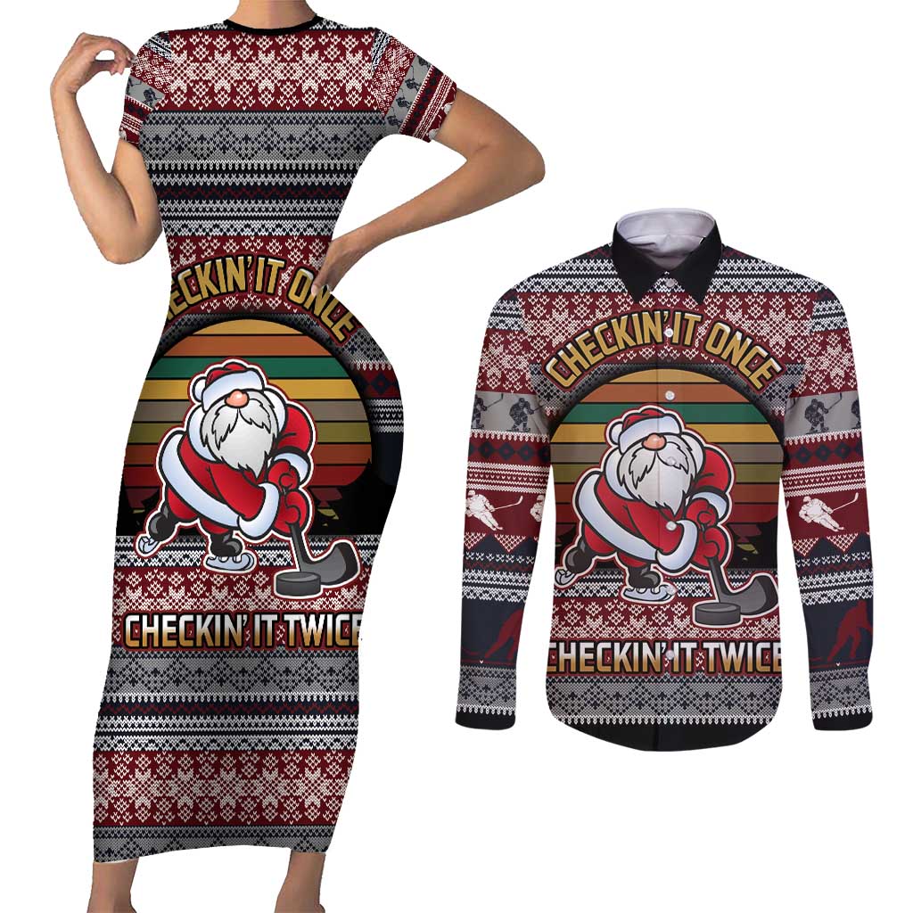 Hockey Checking It Once Checking It Twice Couples Matching Short Sleeve Bodycon Dress and Long Sleeve Button Shirt Santa Playing Ice Hockey Christmas DT04 - Wonder Print Shop