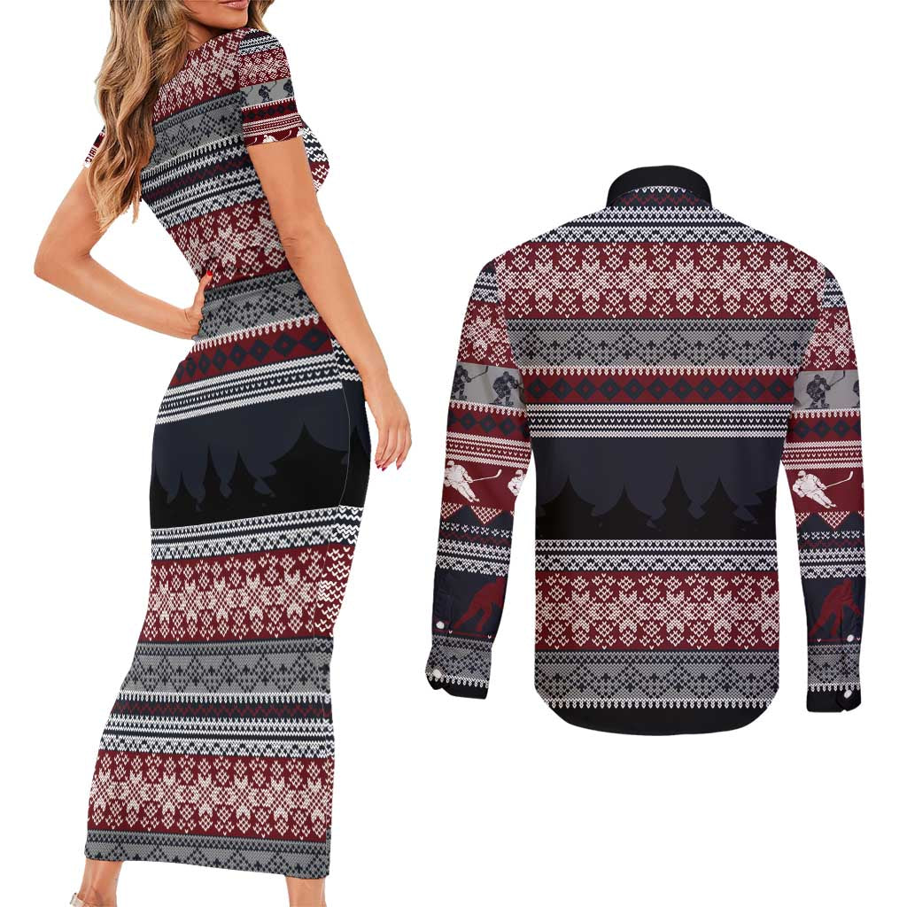 Hockey Checking It Once Checking It Twice Couples Matching Short Sleeve Bodycon Dress and Long Sleeve Button Shirt Santa Playing Ice Hockey Christmas DT04 - Wonder Print Shop