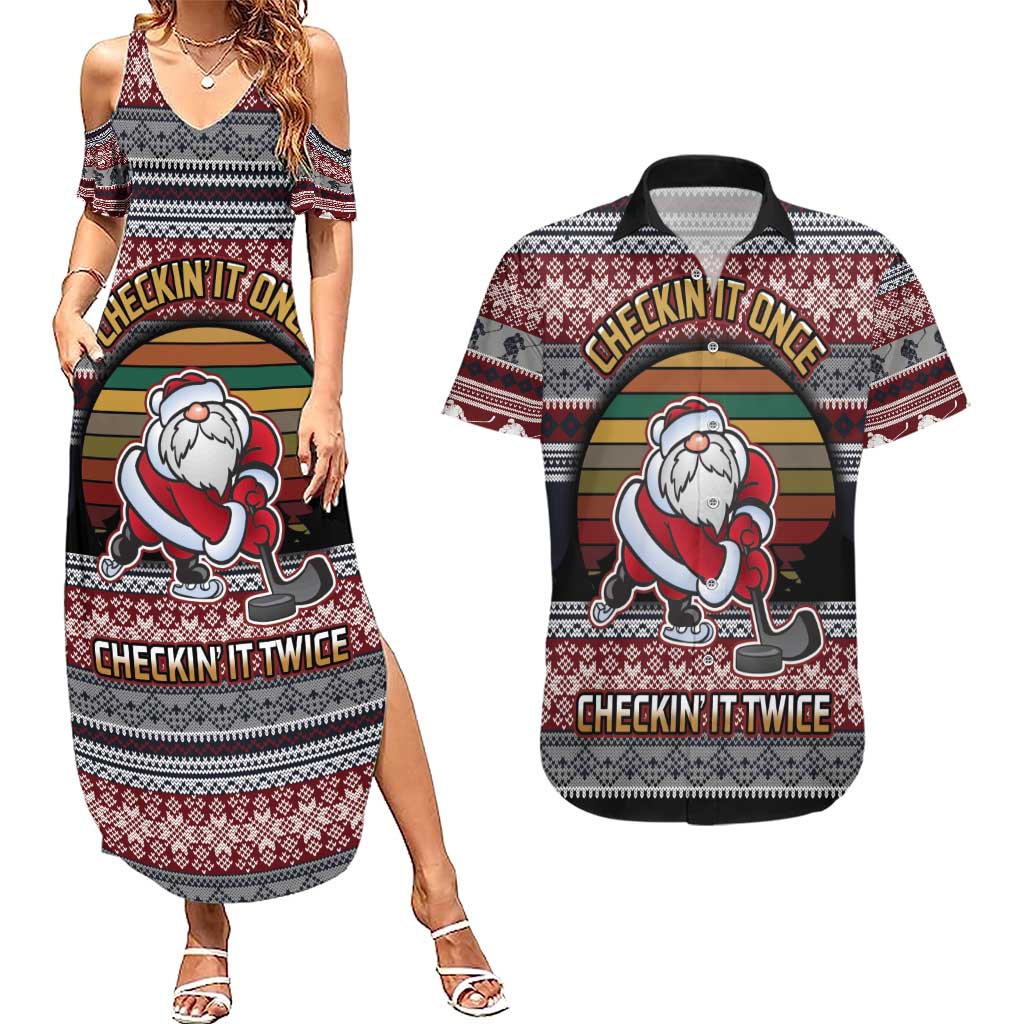 Hockey Checking It Once Checking It Twice Couples Matching Summer Maxi Dress and Hawaiian Shirt Santa Playing Ice Hockey Christmas DT04 - Wonder Print Shop