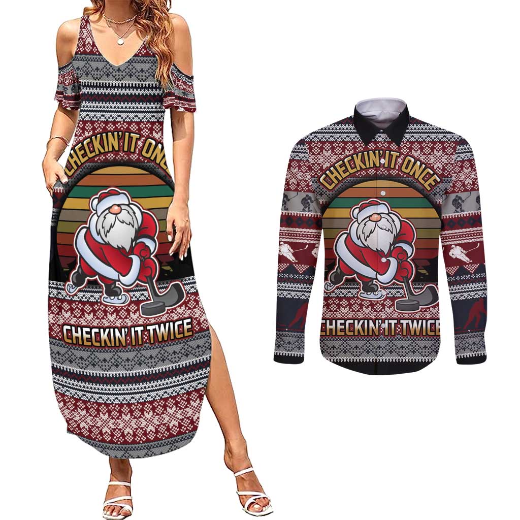 Hockey Checking It Once Checking It Twice Couples Matching Summer Maxi Dress and Long Sleeve Button Shirt Santa Playing Ice Hockey Christmas DT04 - Wonder Print Shop