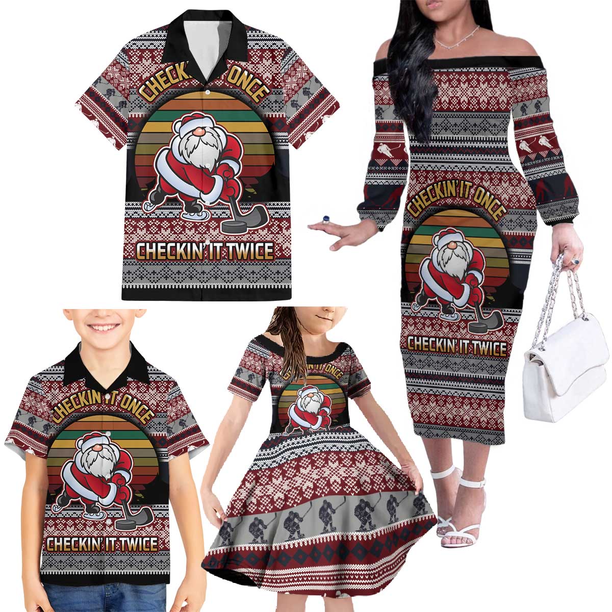 Hockey Checking It Once Checking It Twice Family Matching Off The Shoulder Long Sleeve Dress and Hawaiian Shirt Santa Playing Ice Hockey Christmas DT04 - Wonder Print Shop