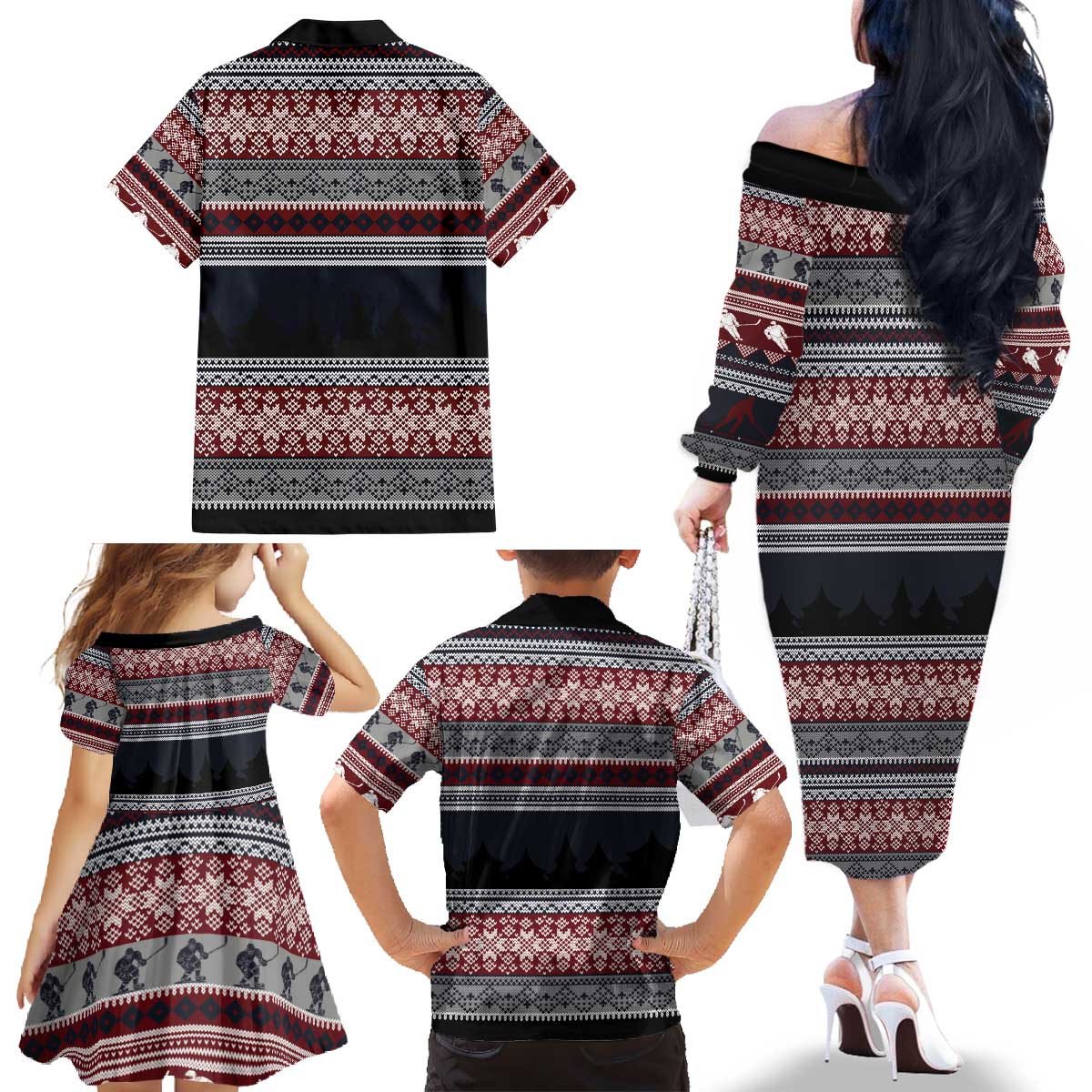 Hockey Checking It Once Checking It Twice Family Matching Off The Shoulder Long Sleeve Dress and Hawaiian Shirt Santa Playing Ice Hockey Christmas DT04 - Wonder Print Shop