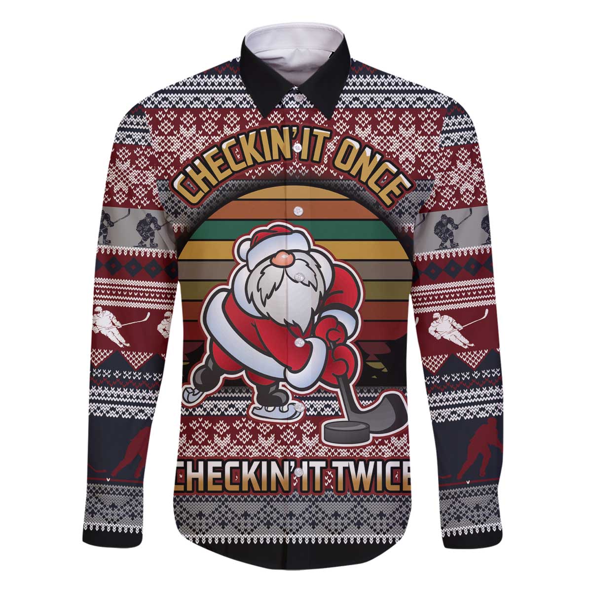 Hockey Checking It Once Checking It Twice Family Matching Off The Shoulder Long Sleeve Dress and Hawaiian Shirt Santa Playing Ice Hockey Christmas DT04 - Wonder Print Shop