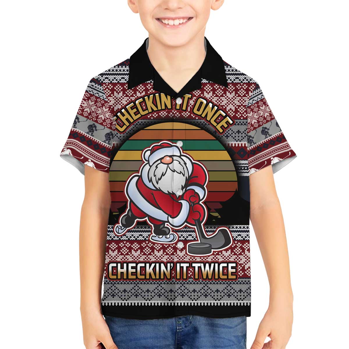 Hockey Checking It Once Checking It Twice Family Matching Off The Shoulder Long Sleeve Dress and Hawaiian Shirt Santa Playing Ice Hockey Christmas DT04 - Wonder Print Shop