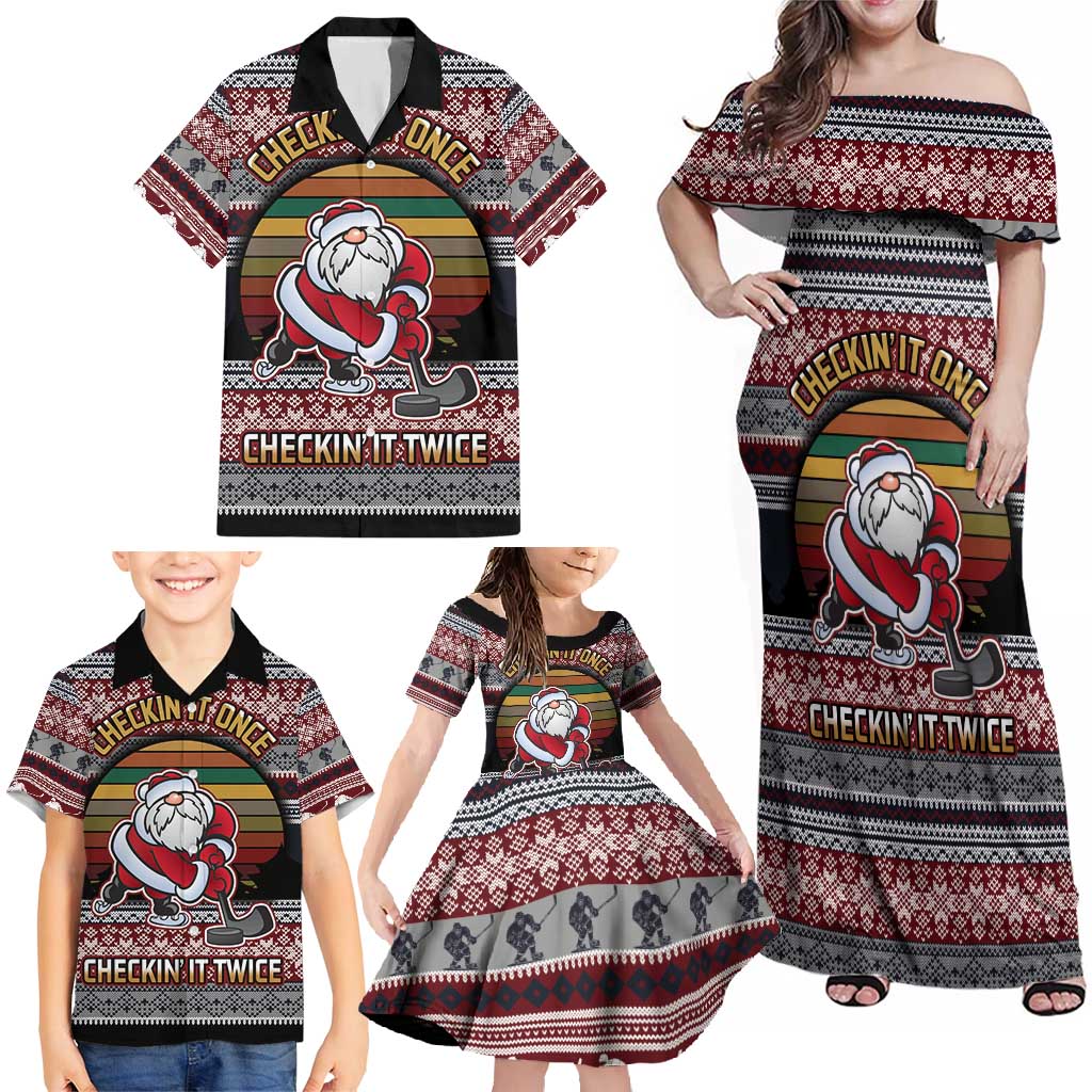 Hockey Checking It Once Checking It Twice Family Matching Off Shoulder Maxi Dress and Hawaiian Shirt Santa Playing Ice Hockey Christmas DT04 - Wonder Print Shop