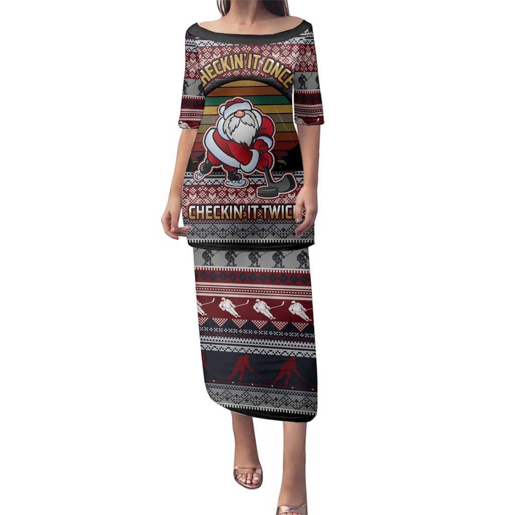 Hockey Checking It Once Checking It Twice Family Matching Puletasi and Hawaiian Shirt Santa Playing Ice Hockey Christmas DT04 - Wonder Print Shop