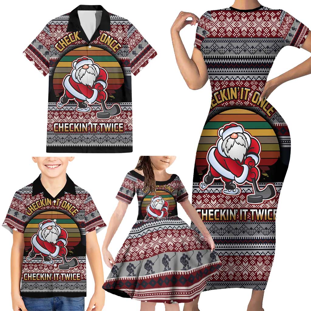 Hockey Checking It Once Checking It Twice Family Matching Short Sleeve Bodycon Dress and Hawaiian Shirt Santa Playing Ice Hockey Christmas DT04 - Wonder Print Shop