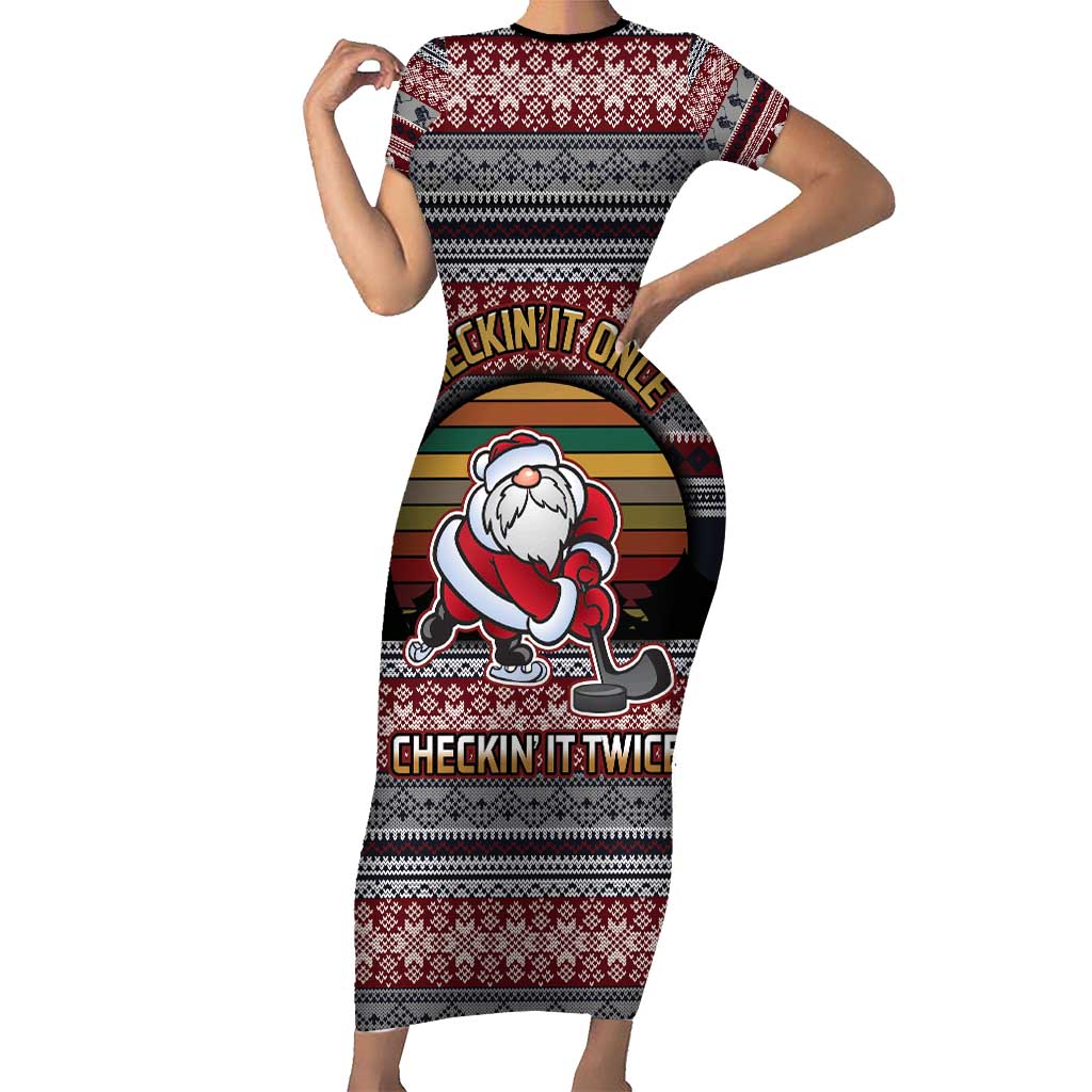 Hockey Checking It Once Checking It Twice Family Matching Short Sleeve Bodycon Dress and Hawaiian Shirt Santa Playing Ice Hockey Christmas DT04 - Wonder Print Shop