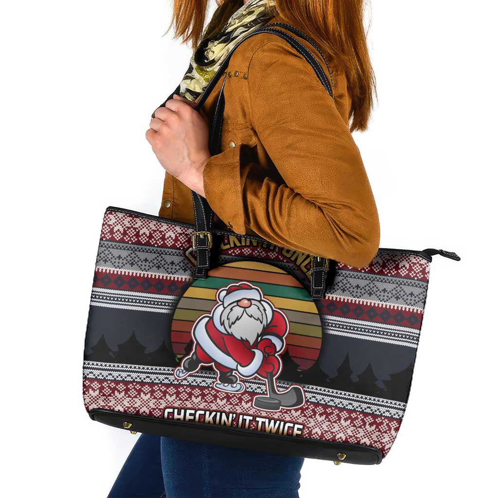 Hockey Checking It Once Checking It Twice Leather Tote Bag Santa Playing Ice Hockey Christmas DT04 - Wonder Print Shop