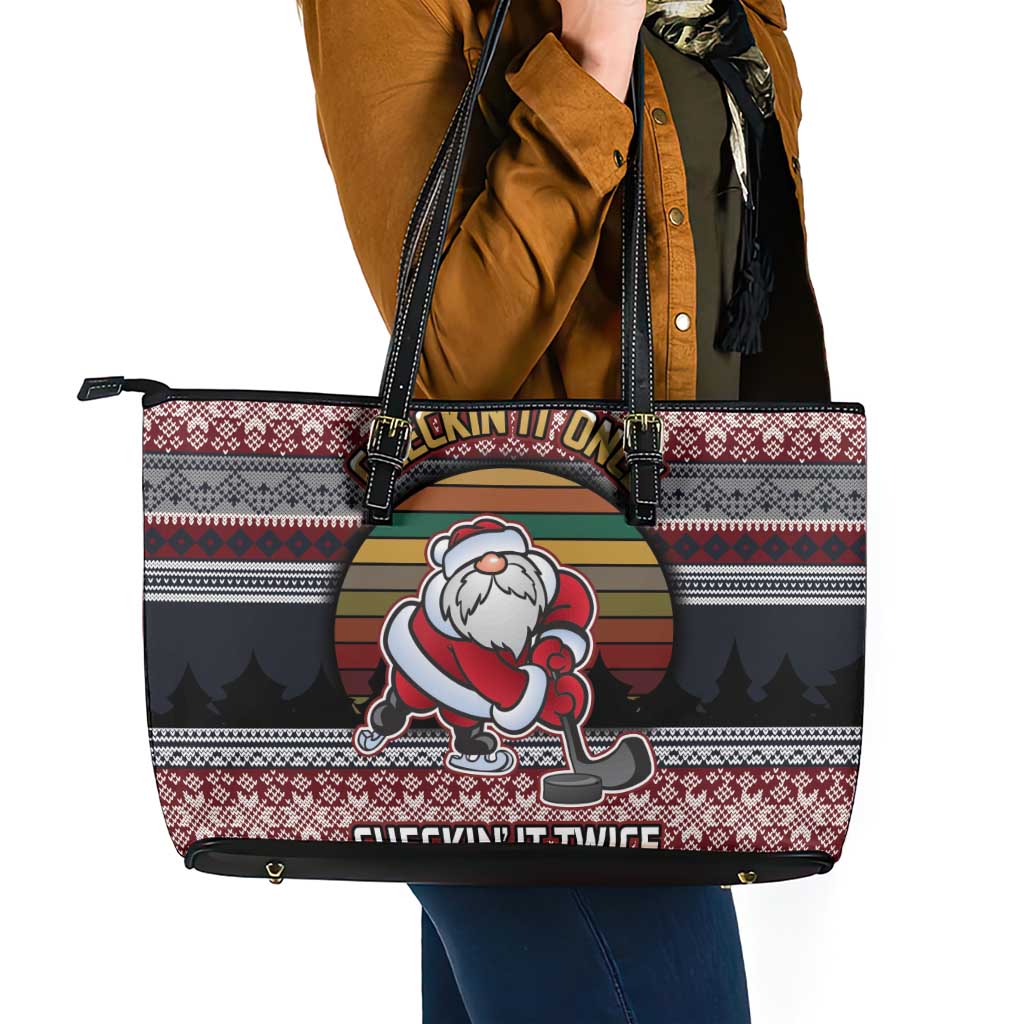 Hockey Checking It Once Checking It Twice Leather Tote Bag Santa Playing Ice Hockey Christmas DT04 - Wonder Print Shop