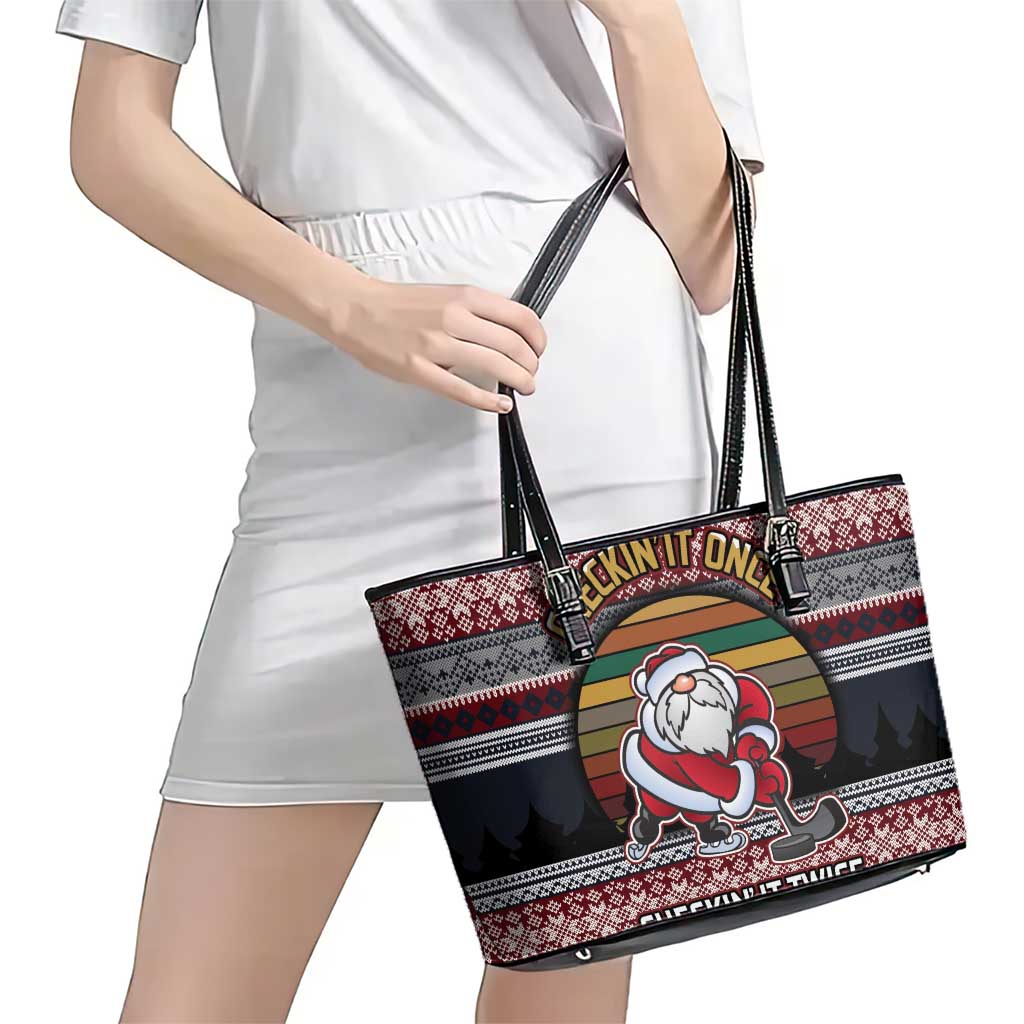 Hockey Checking It Once Checking It Twice Leather Tote Bag Santa Playing Ice Hockey Christmas DT04 - Wonder Print Shop