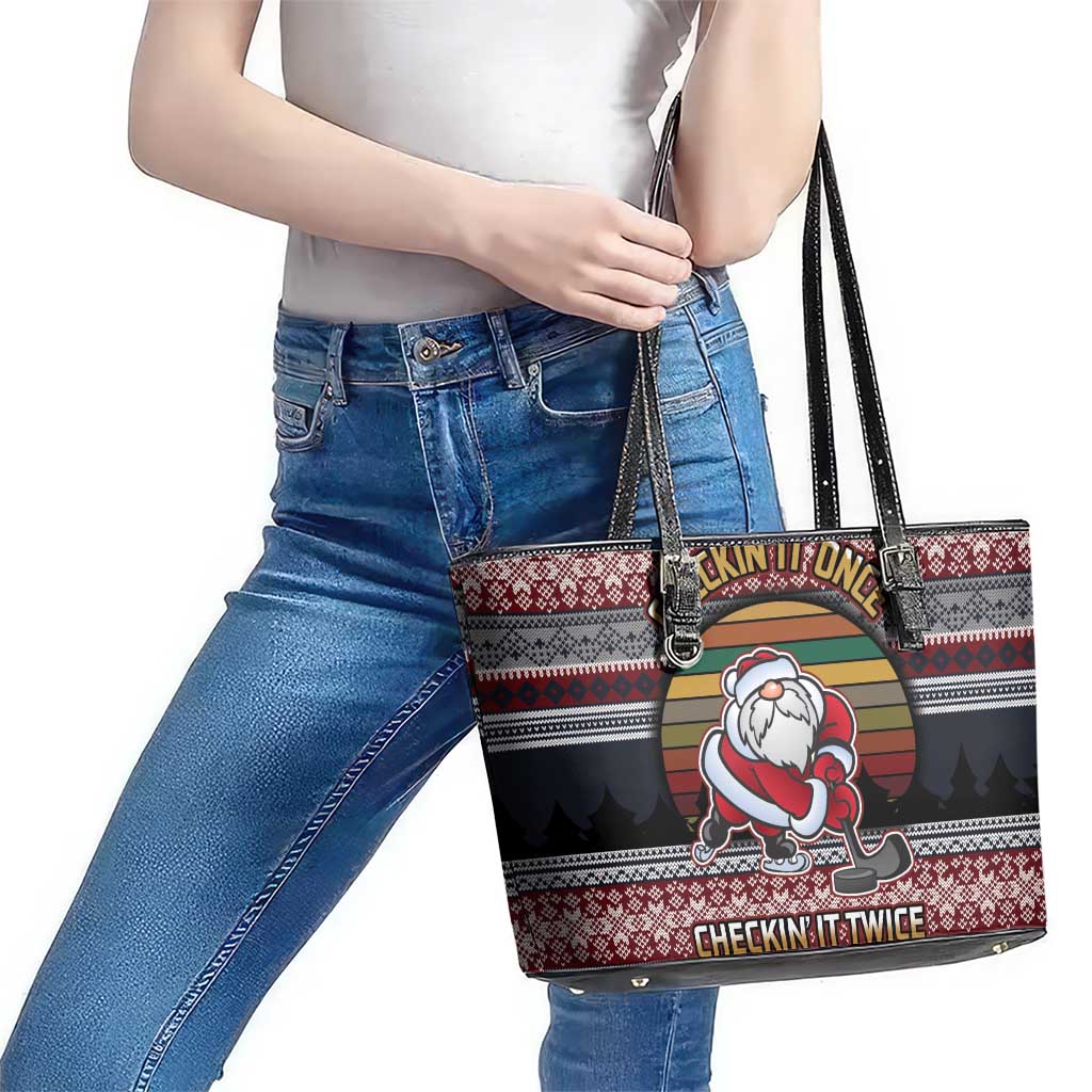 Hockey Checking It Once Checking It Twice Leather Tote Bag Santa Playing Ice Hockey Christmas DT04 - Wonder Print Shop