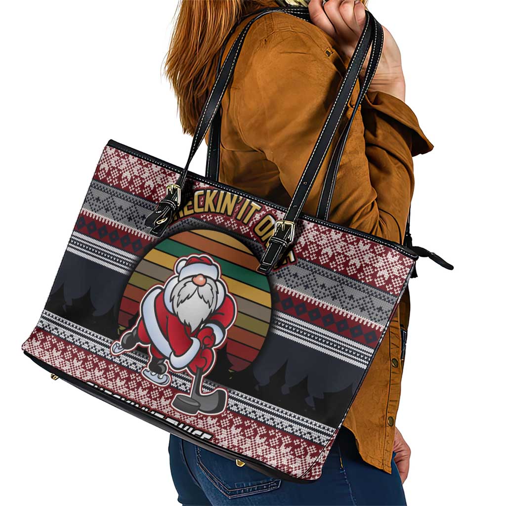 Hockey Checking It Once Checking It Twice Leather Tote Bag Santa Playing Ice Hockey Christmas DT04 - Wonder Print Shop