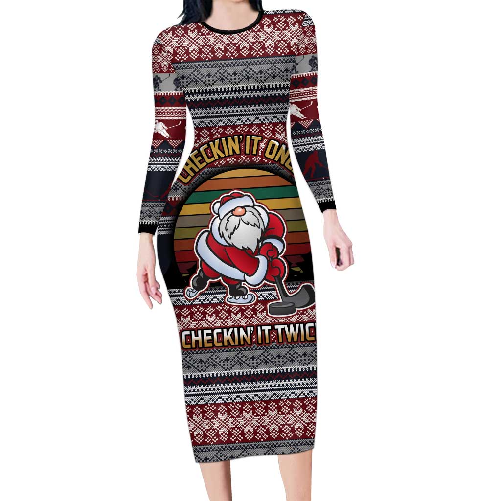 Hockey Checking It Once Checking It Twice Long Sleeve Bodycon Dress Santa Playing Ice Hockey Christmas DT04 - Wonder Print Shop