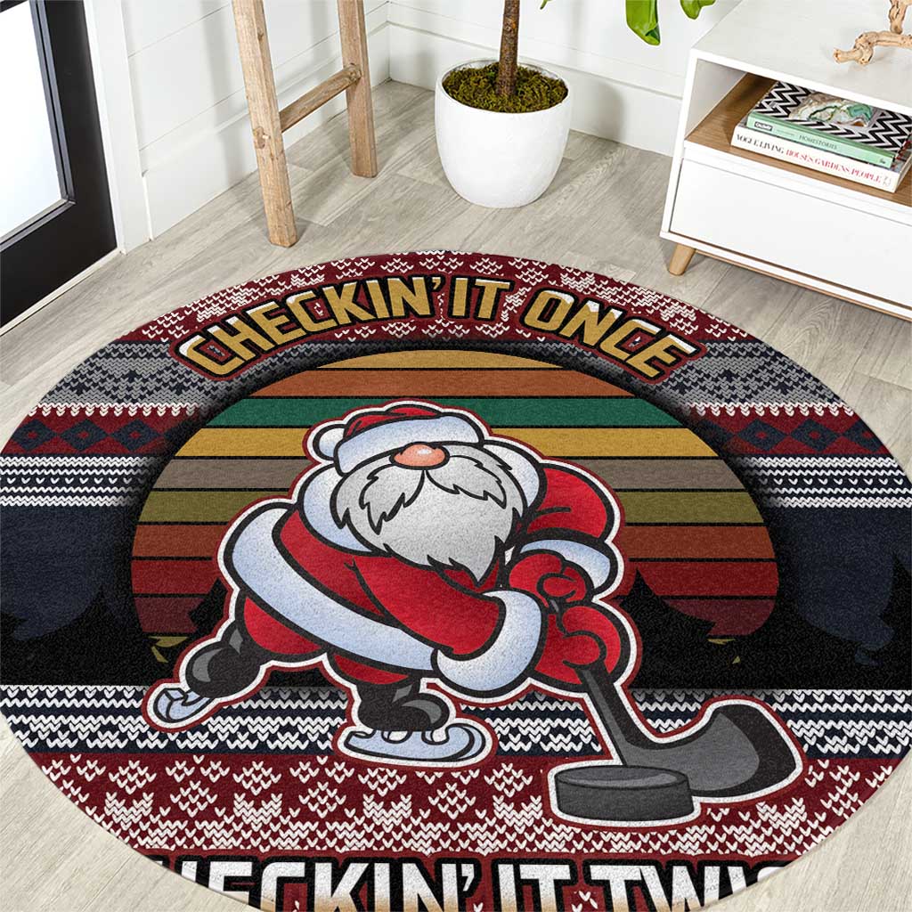 Hockey Checking It Once Checking It Twice Round Carpet Santa Playing Ice Hockey Christmas
