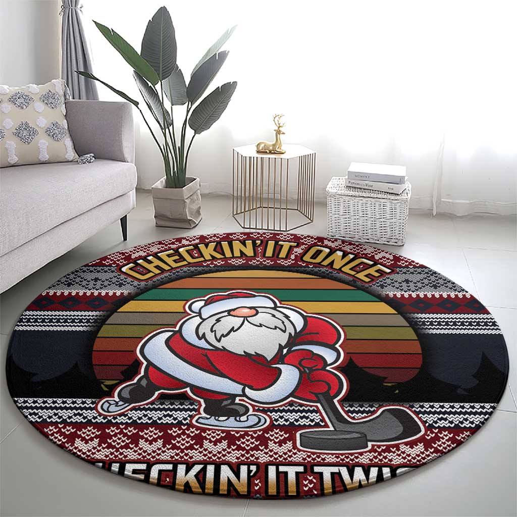 Hockey Checking It Once Checking It Twice Round Carpet Santa Playing Ice Hockey Christmas